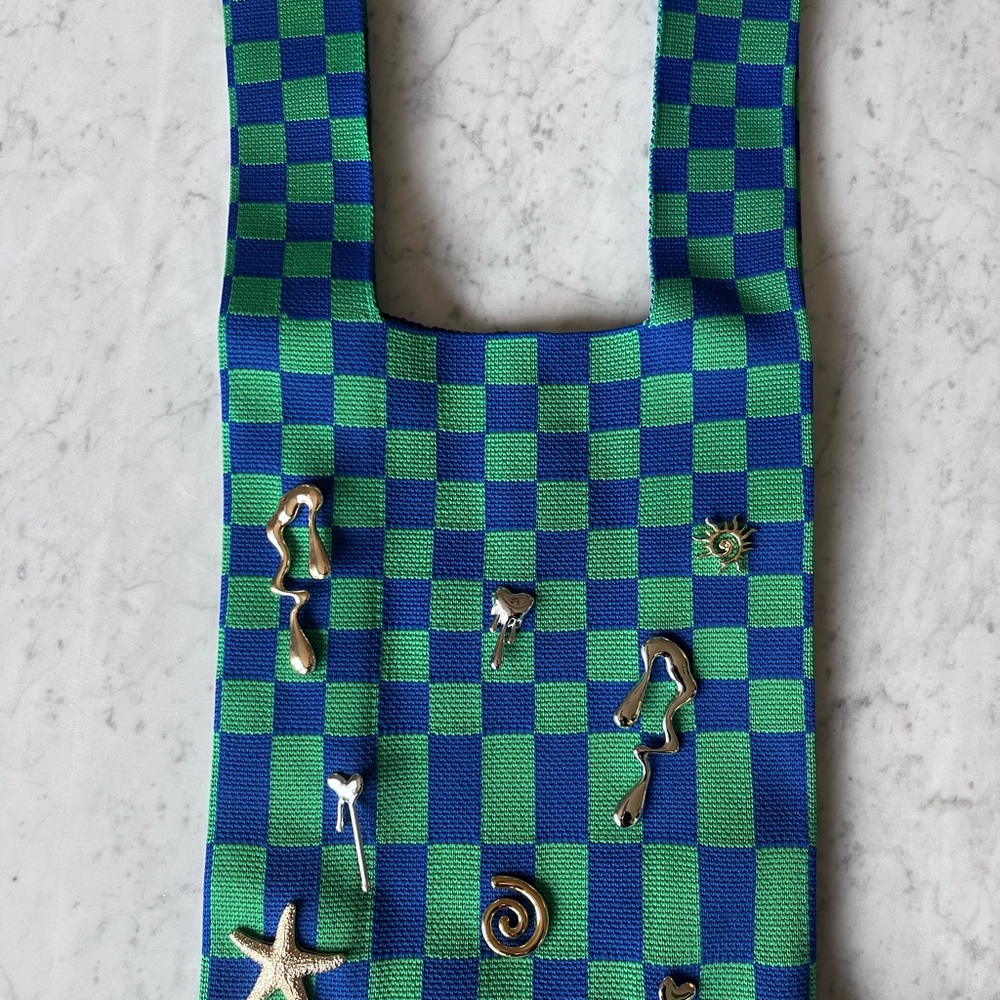 Checkered Blue and Green Tote Bag with Gold Accents